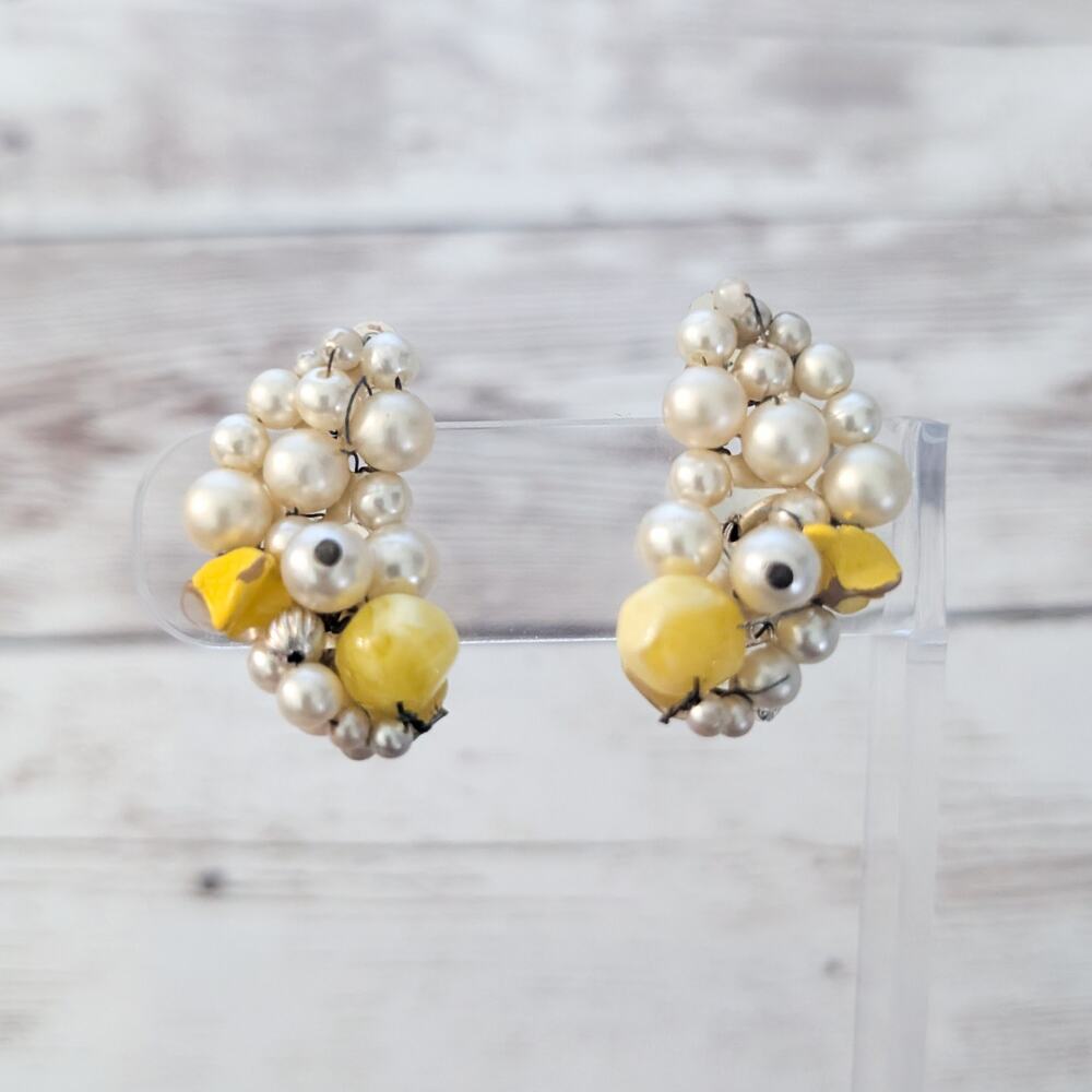 Vintage Clip On Earrings Faux Pearl & Yellow